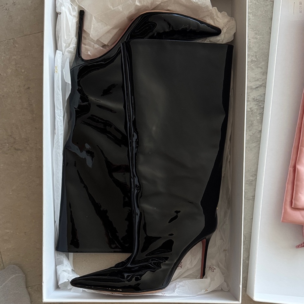 Amina Muaddi Black Patent Heeled Boots SZ 40